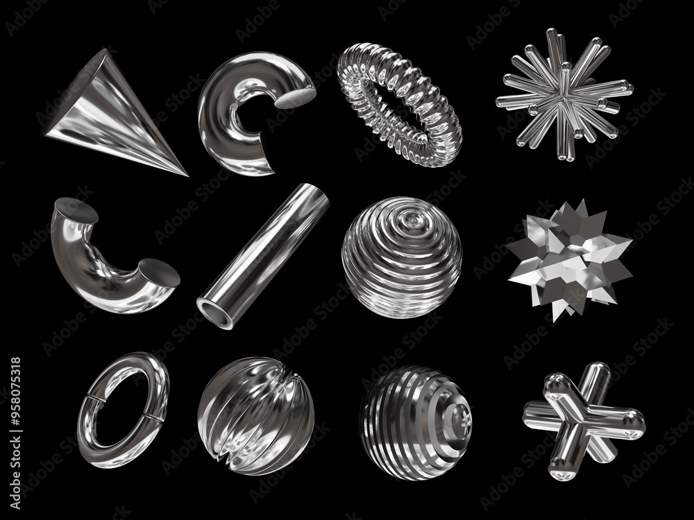 Fototapete 3D rendering of a set of geometric objects, icons, chrome elements isolated on a black background. Abstract, silver metallic shapes for graphic design and mockups. Holographic material.