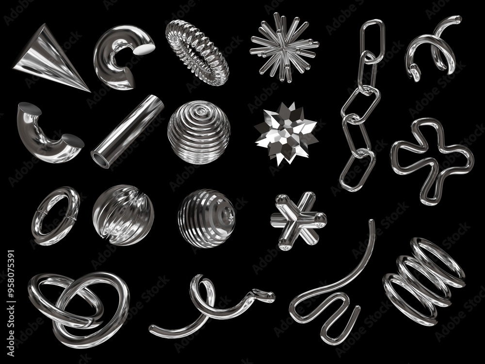 Fototapete 3D rendering of a set of geometric objects, icons, chrome elements isolated on a black background. Abstract, silver metallic shapes for graphic design and mockups. Holographic material.