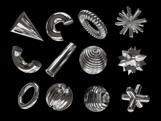 3D rendering of a set of geometric objects, icons, chrome elements isolated on a black background. Abstract, silver metallic shapes for graphic design and mockups. Holographic material.