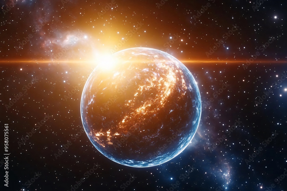 Sticker a stunning view of a distant planet glowing in the cosmos, illuminated by the light of a distant sta