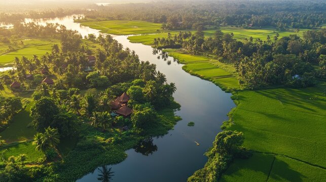 Aerial shot of the serene Kumarakom backwaters in Kerala, surrounded by lush greenery and paddy fields. No people.