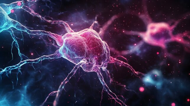 Glowing neural network: vibrant microscopic view of brain cells and neurons