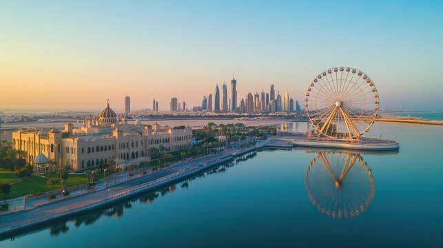 Aerial shot of the Sharjah waterfront, with its beautiful corniche and the Eye of the Emirates Ferris wheel. No people.