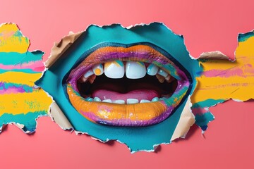 Colorful Abstract Design of Painted Lips Breaking Through Torn Paper Background