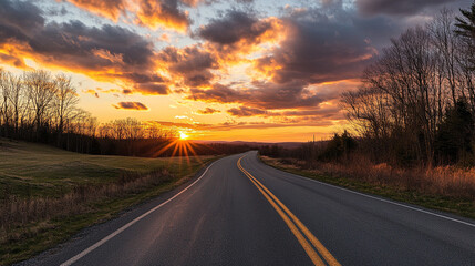 A winding road at sunset with vibrant skies and silhouetted trees in a tranquil landscape