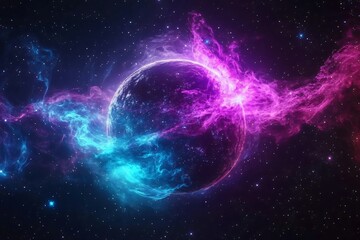 Obraz premium A vibrant cosmic scene featuring a colorful planet surrounded by swirling nebulae and stars, perfect for science fiction themes.