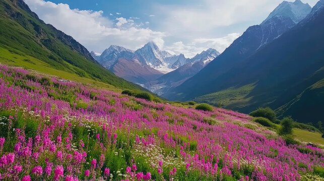 Aerial shot of the Valley of Flowers in Uttarakhand, carpeted with colorful blooms under snow-capped peaks. No people.