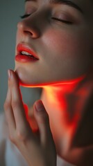 Close-up portrait of a young woman with her eyes closed, illuminated by red light.  Her hand rests gently on her chin.