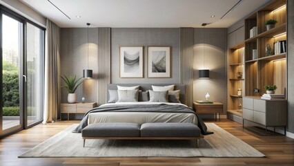 Soft grey textiles envelop the modern bedroom in coziness, paired with minimalist furniture and elegant artwork,