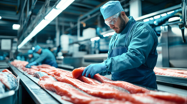 A dedicated worker in protective clothing carefully cuts fresh tuna on a processing line, showcasing the intricate work behind seafood production