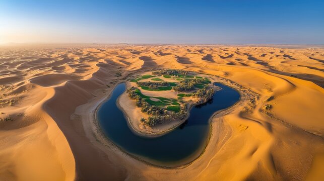 Aerial view of the Liwa Oasis in Abu Dhabi, surrounded by rolling dunes of golden sand under a clear blue sky. No people.