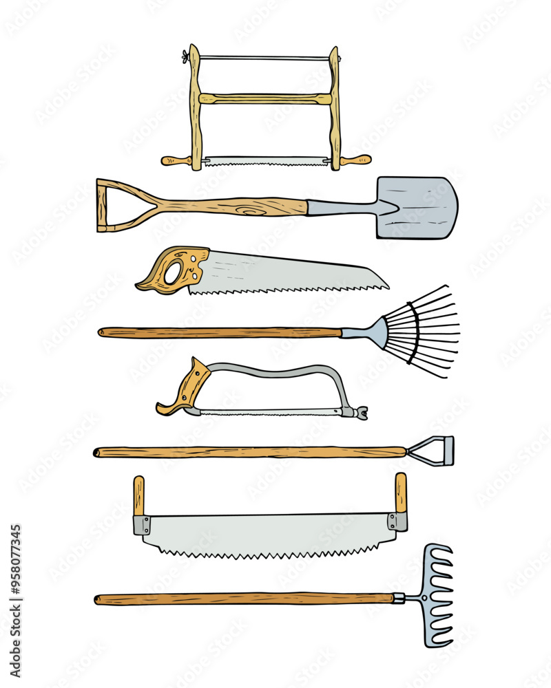 Wall mural Vector card  with hand drawn vintage garden tools. Beautiful design elements, ink drawing