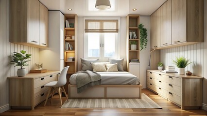 Fototapeta premium Softly lit, this intimate space combines intelligent organization, smooth surfaces, and calming hues to craft a cozy