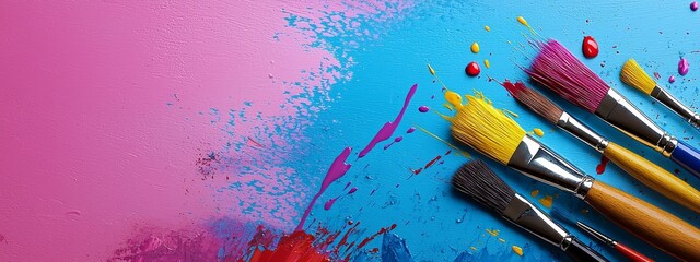 Obraz premium A collection of paintbrushes arranged on a blue-pink tabletop, featuring paint splatters