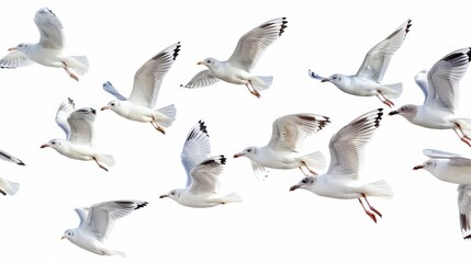 Fototapeta premium Flock of Seagulls Flying in the White Sky Isolated on Nature Background