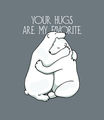Vector card with two cute hugging polar bears. Beautiful animal design elements, ink drawing,