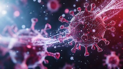 Microscopic view of virus particles in a colorful, abstract representation highlighting their structure and environment.