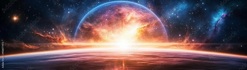 Wall mural stunning view of a cosmic explosion, featuring vibrant colors of space and celestial bodies in a mes