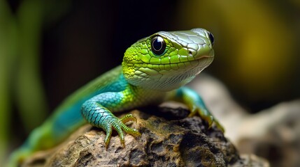 Fototapeta premium Vibrant green lizard on rock in natural habitat: close up of reptilian beauty