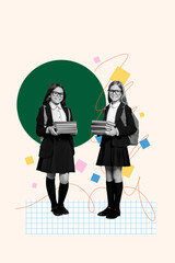 Collage 3d image retro sketch of two girls read books school day shopping kids education concept magazine billboard comics zine minimal