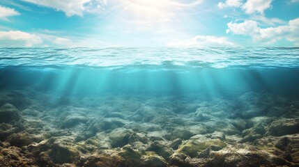 Fototapeta premium Sunlight streaming through tranquil ocean waters with rocky seafloor