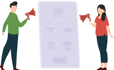 Boy and girl stand with megaphones.