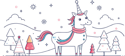 Fototapeta premium festive unicorn in a snowy landscape, with snowflakes gently falling around. The unicorn is wearing a cozy scarf, and there’s a snowman and pine trees decorated with lights. , line art