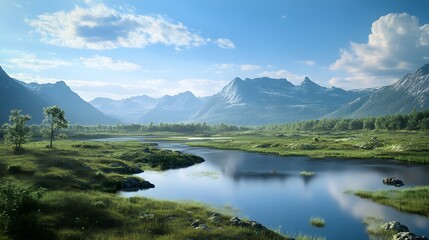 Obraz premium Scenic mountain lake landscape with lush greenery and serene blue sky