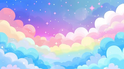 Kawaii Fantasy Pastel Colorful Sky with Clouds and Stars Background in a paper cut