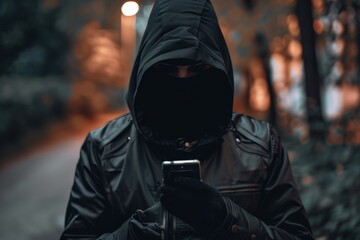 Fraudster. Young Criminal in Mask with Smartphone Commits Cyber Crime and Theft