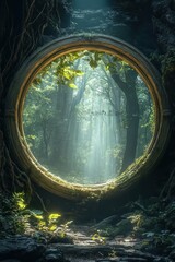 Enchanted Forest Portal with Sunlight Streaming Through Lush Greenery and Mystical Atmosphere