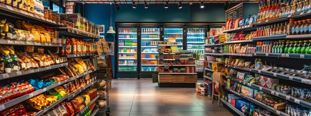 Fototapeta premium Well-organized and vibrant grocery store aisle with a variety of products