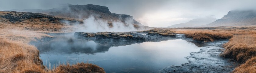 Serene Geothermal Hot Spring in a Misty Mountain Landscape with Steaming Water and Golden Grass
