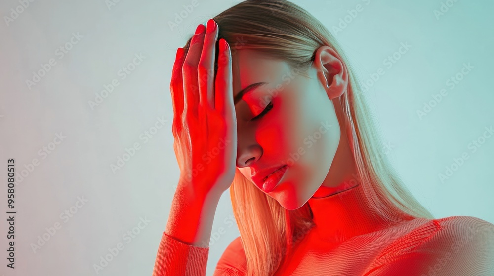 Wall mural A woman with blonde hair in a red shirt with her hand on her forehead, lit by red and blue light, is looking down and appears sad or stressed.