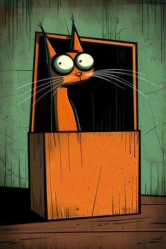 An illustration of a cat with wide eyes comically peeking out of a wooden box, characterized by a bold, sketchy art style and a slightly unsettling appearance.