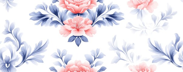 A seamless Baroque-inspired damask pattern in blue and red tones, rendered in watercolor style, features a continuous repeat on a white background.
