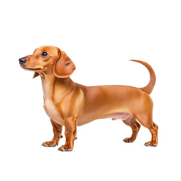Adorable brown Dachshund dog with smooth coat standing on white background, profile view, showcasing its elongated body and short legs.