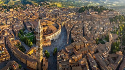 Bird's-eye view of the historic city of Siena, with its iconic Piazza del Campo and surrounding medieval streets