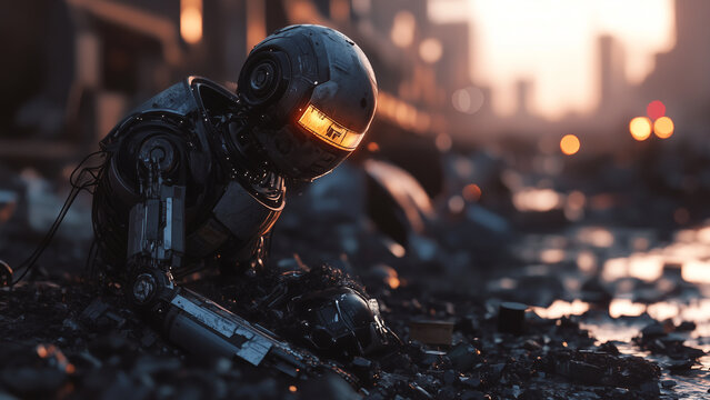 Broken Android in a Cyberpunk City Dump