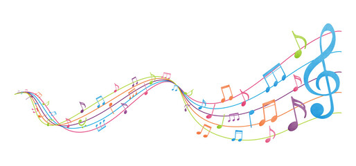 Colorful watercolor music note wave. Music notes melody on transparent background.
