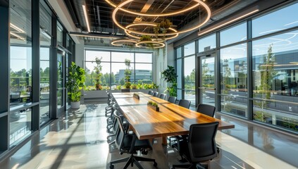 Modern conference room with a long wooden table and chairs, Contemporary open-plan office with ergonomic chairs and a bright, airy layout, open layout, wooden flooring