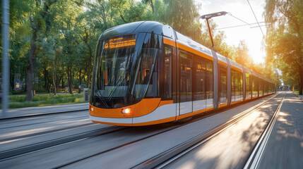 Obraz premium Modern orange tram driving through city park at sunset
