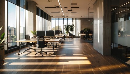 Modern conference room with a long wooden table and chairs, Contemporary open-plan office with ergonomic chairs and a bright, airy layout, open layout, wooden flooring