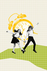 Vertical photo collage of two happy schoolgirl boy walk together time back school study concept schedule isolated on painted background