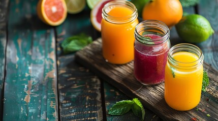 Fototapeta premium Three glasses of juice on a wooden table.