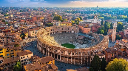 Fototapeta premium Bird's-eye view of Verona's Arena, with the historic town square and colorful buildings surrounding it