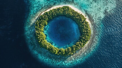 Top view of a circular coral reef in the Maldives, creating a natural barrier around an island lagoon.