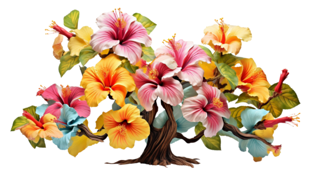 A vibrant and colorful hibiscus tree with stunning flowers, showcasing beauty in nature and tropical elegance.