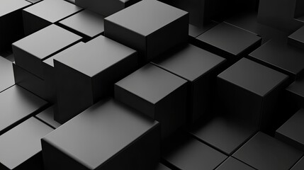 Abstract geometric blocks on a black background, a 3D render with a striking contrast ideal for modern digital design and architecture.