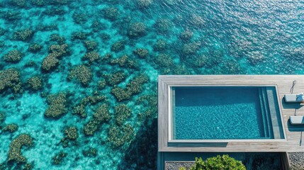 Top view of a Maldives infinity pool, blending seamlessly into the azure ocean with vibrant coral reefs beyond.